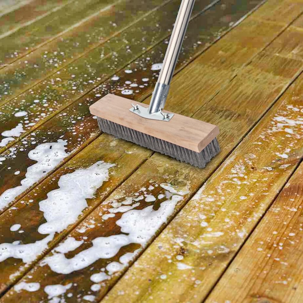 Serplex® Stainless Steel Wire Scrub Brush with Long Handle for Deck, Concrete, Patio Floor Cleaning 59'' Heavy Duty Stiff Metal Bristle Scrubber Broom Floor Scrub Brush for Outdoor Moss Removal