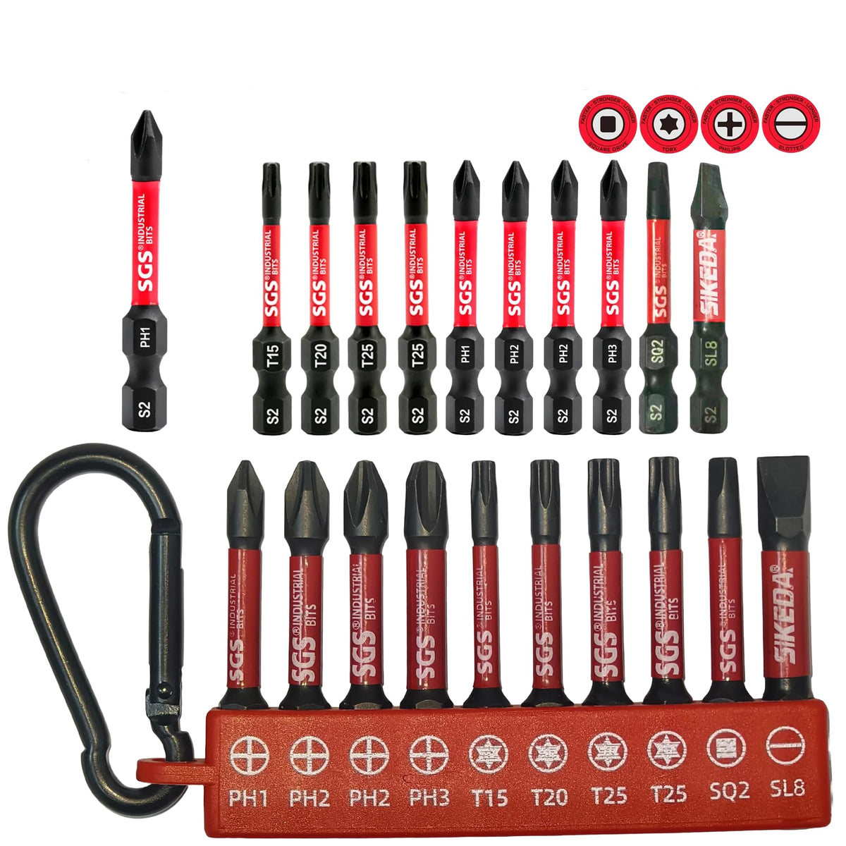 Serplex® 10PCS Impact Screwdriver Bits Set, 50mm (2") S2 Alloy Steel High Torque Bits with Keychain Holder and Carabiner, Ph/Torx/Sq/Sl Head for Impact Drivers & Drills-Multicolor