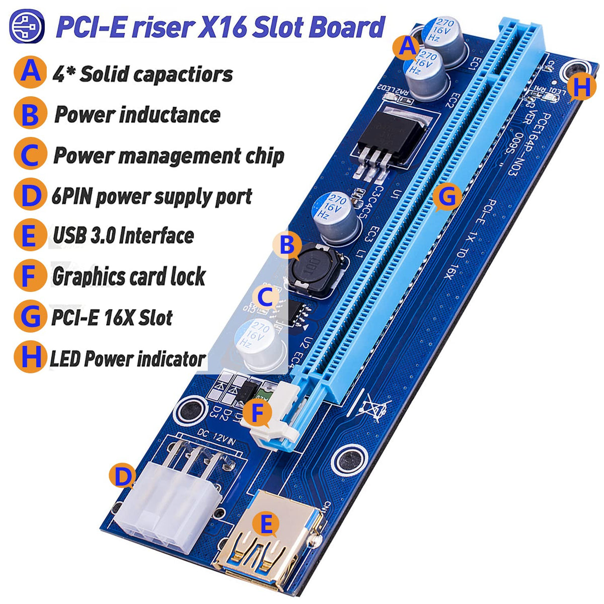 Verilux VER009S-Gold PCIE Riser, PCIE Cable 6 Pin 1X to 16X Powered Pcie Riser Adapter Card & USB 3.0 Extension Cable GPU Riser Adapter-Mining Bitcoin