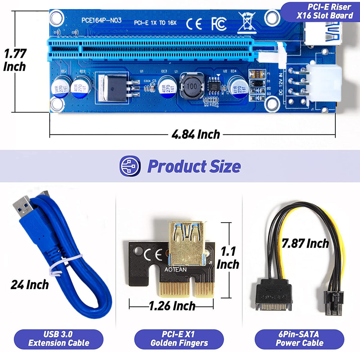 Verilux VER009S-Gold PCIE Riser, PCIE Cable 6 Pin 1X to 16X Powered Pcie Riser Adapter Card & USB 3.0 Extension Cable GPU Riser Adapter-Mining Bitcoin