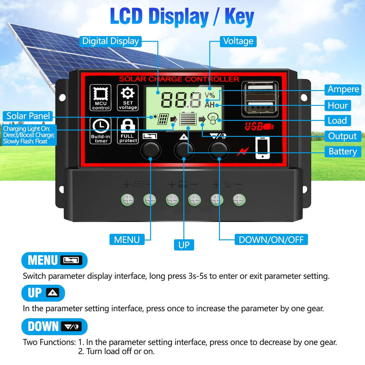 Verilux 10A Solar Charge Controller for 12V 24V Systems with Dual USB and LCD Display