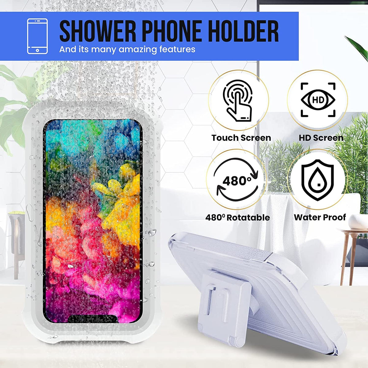 ZORBES® Aramid Shower Phone Holder Waterproof,Anti-Fog Universal Phone Stand Case With Hd Touch Screen&480° Rotation Design,Bathroom Wall Mount Pouch For Iphone 14 13 12 11 ProMax Xs Xr,White