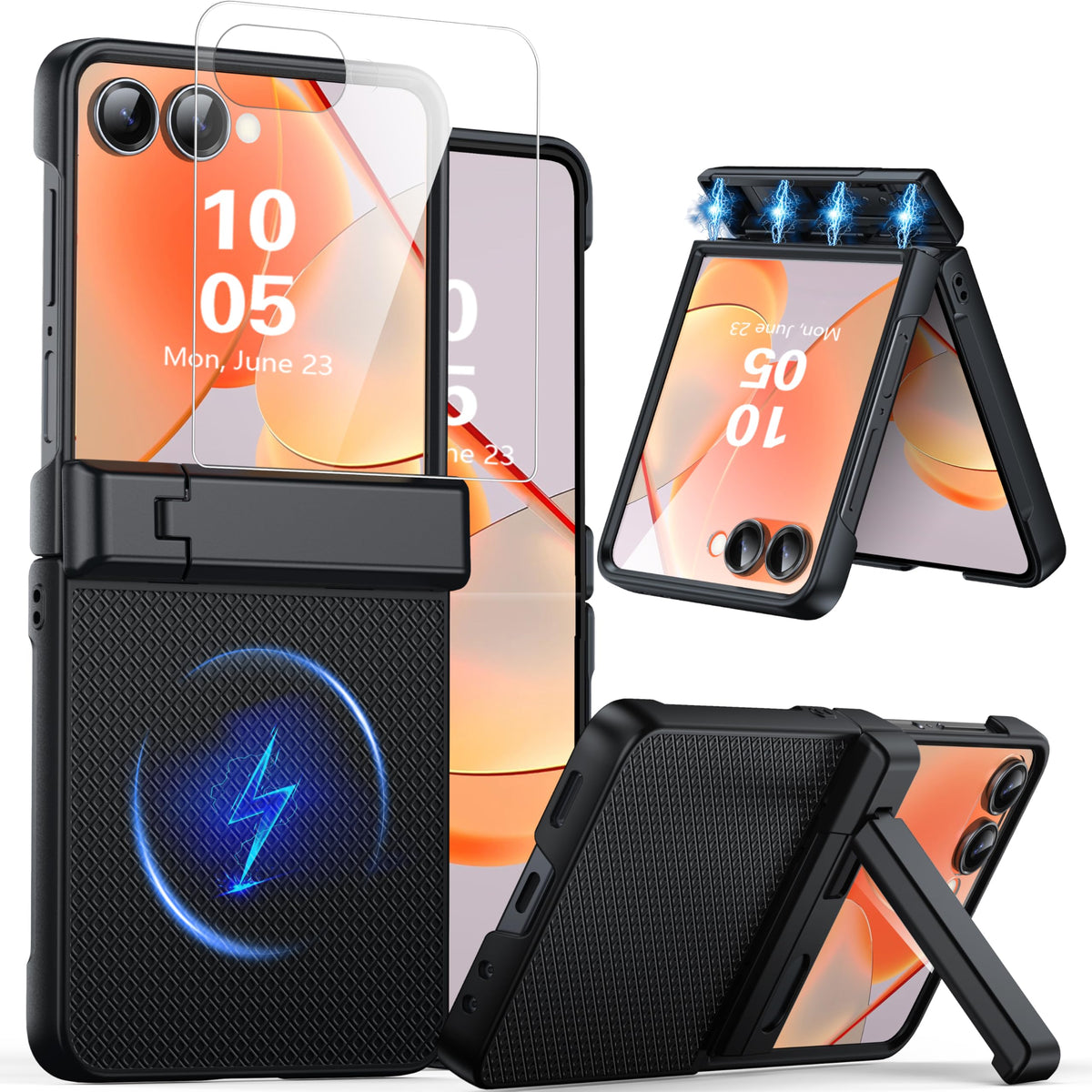 ZORBES® Compatible with Galaxy Z Flip 7, Fashion Phone Case 180 ° Flexible Hinged Phone Cover with Folding Kickstand, Anti-Scratch PC Protective Cover, Clear & Matte Surface Phone Case, Black