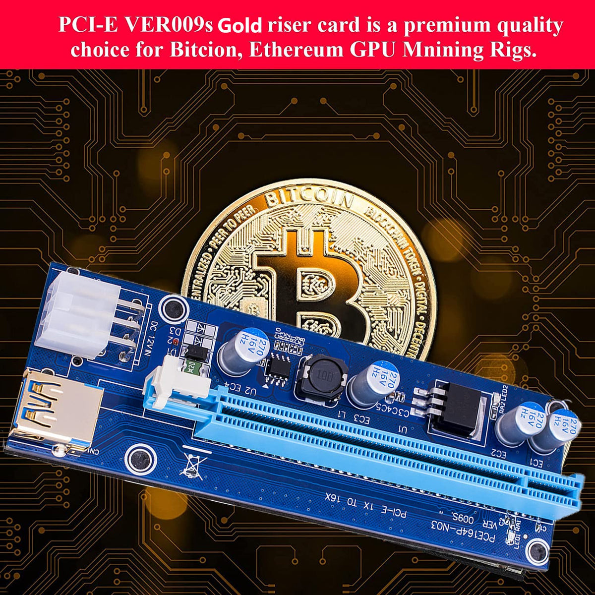 Verilux VER009S-Gold PCIE Riser, PCIE Cable 6 Pin 1X to 16X Powered Pcie Riser Adapter Card & USB 3.0 Extension Cable GPU Riser Adapter-Mining Bitcoin