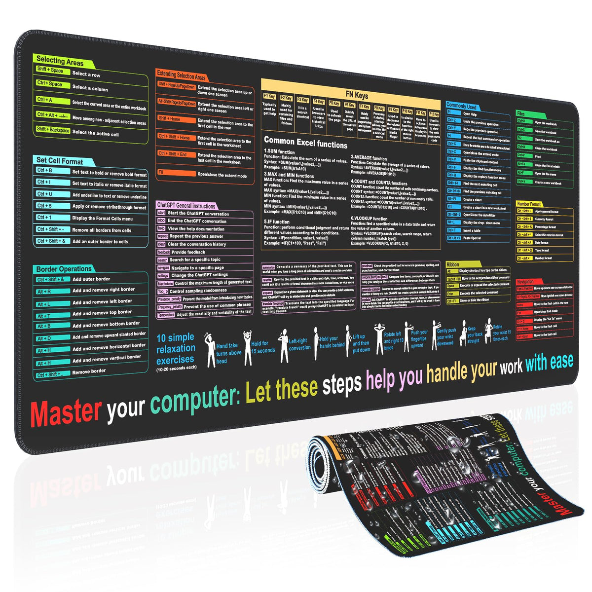 ZORBES® Extended Desk Mat Mouse Mat Hotkey Reference Mousepad Keyboard Shortcut Mouse Pad Excel Shortcut Guide Mouse Pad for Home, Office, 30x80cm