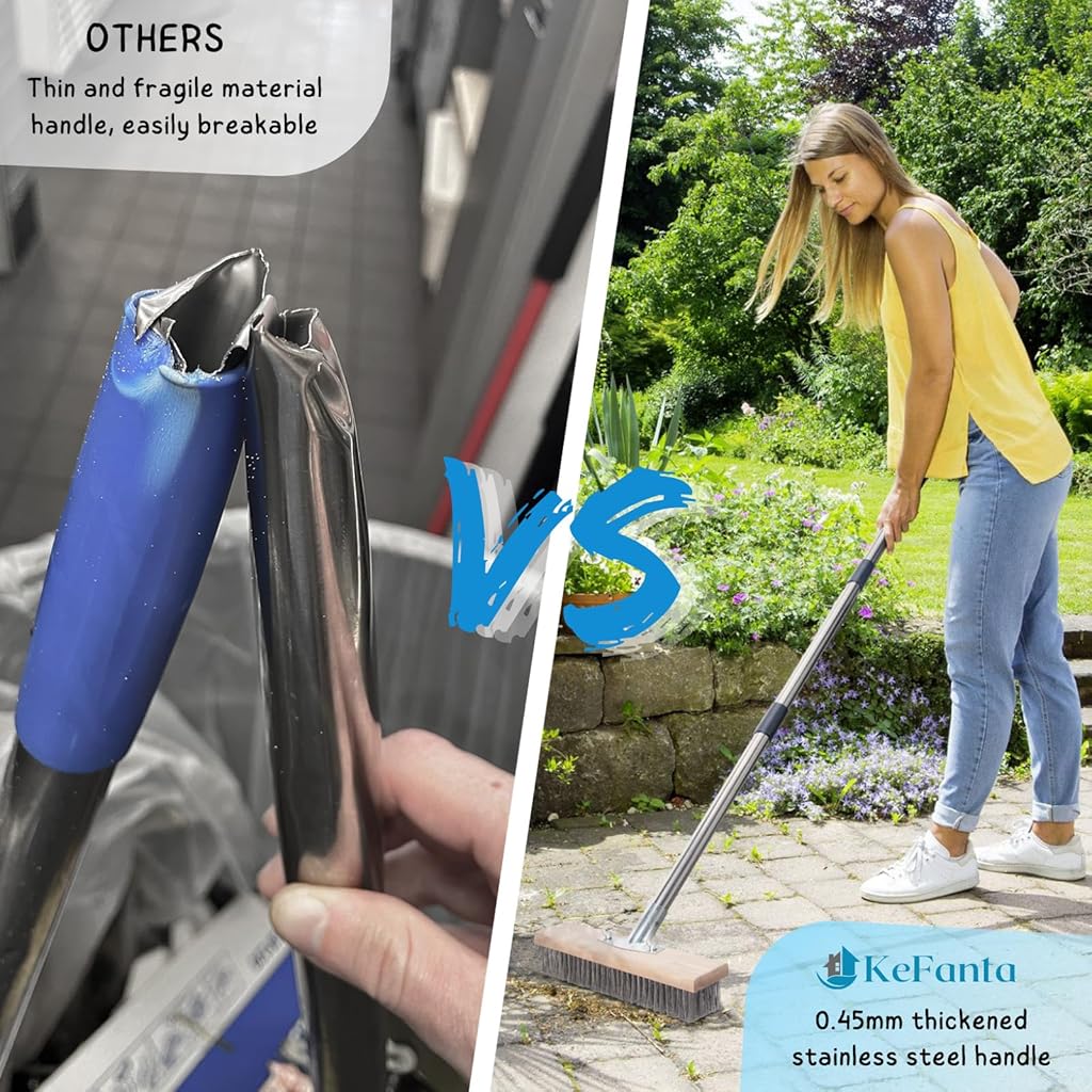 Serplex® Stainless Steel Wire Scrub Brush with Long Handle for Deck, Concrete, Patio Floor Cleaning 59'' Heavy Duty Stiff Metal Bristle Scrubber Broom Floor Scrub Brush for Outdoor Moss Removal