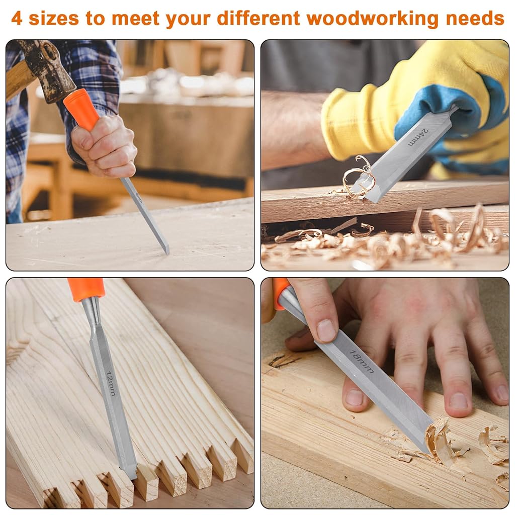 Serplex® 4PCS Woodwork Chisel Set Mortise Chisels Tools for Woodworking with Steel Hammer End Anti-slip Handle 6mm 12mm 18mm 24mm