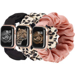 ZORBES® Compatible with iWatch 38/40/41mm, 3Pcs Stretchy Nylon Watch Bands for Women, Fashion Leopard Print and Pure Color Crinkle Scrunchie Watch Wristbands Wristlets
