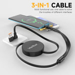 Verilux® 3 in 1 USB to Type C Cable, PD 100W Multi USB A/C to USB C/Light-ning/Micro USB Cable, 3.6FT Retractable Car Charger Type C Cable for iPhone 16/15/14, Galaxy S24/S23, Android, Laptop