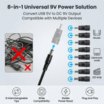 Verilux® USB to DC 9V Power Cord Universal Charging Cable with 8 Plugs