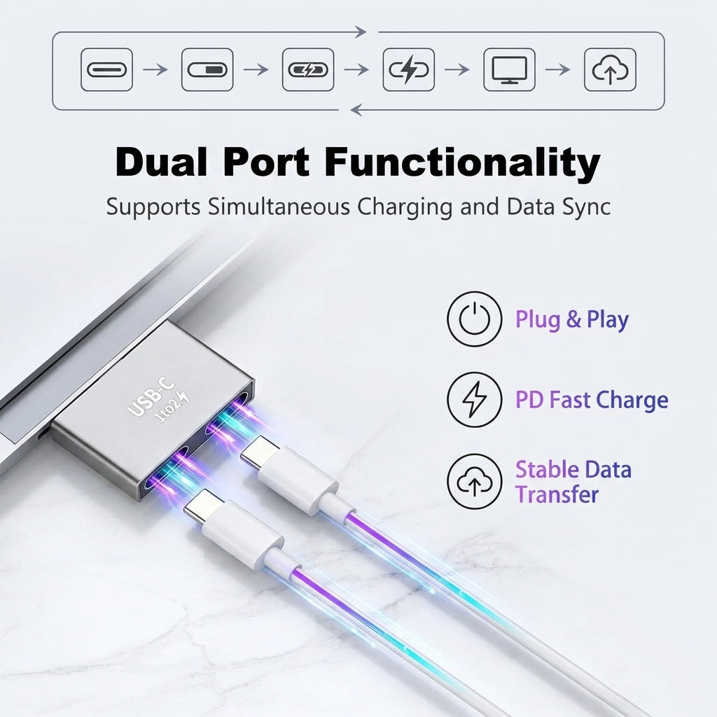 ZORBES® USB C Dual Port Adapter Type C 1 to 2 Splitter Converter