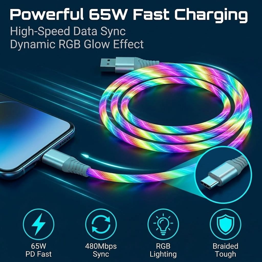 Verilux® PD 65W USB to Type C Cable with Dynamic RGB LED 6.6FT