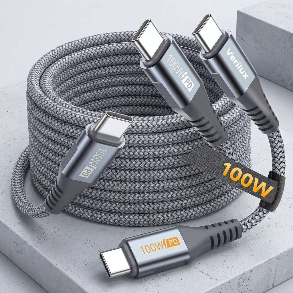 Verilux® 2 Pack PD 100W USB C to C Cable 6.6Ft Braided Fast Charger