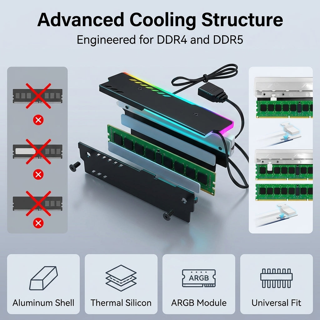 ZORBES® ARGB RAM Heatsink Cooler for DDR4 DDR5 Gaming PC 5V 3Pin
