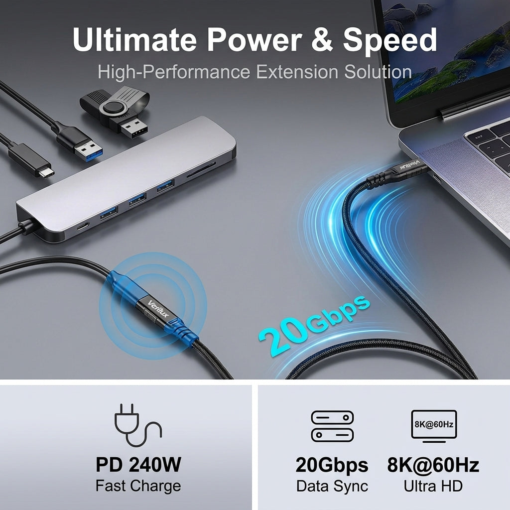 Verilux® PD 240W USB C Extension Cable 20Gbps 8K60Hz 3.3Ft