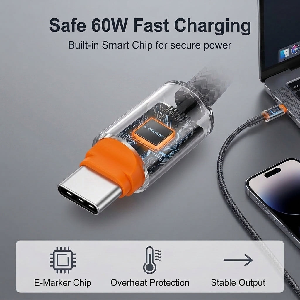 Verilux® PD 60W Type C Fast Charging Cable with Protective Cap