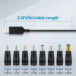 Verilux® USB to DC 9V Power Cord Universal Charging Cable with 8 Plugs
