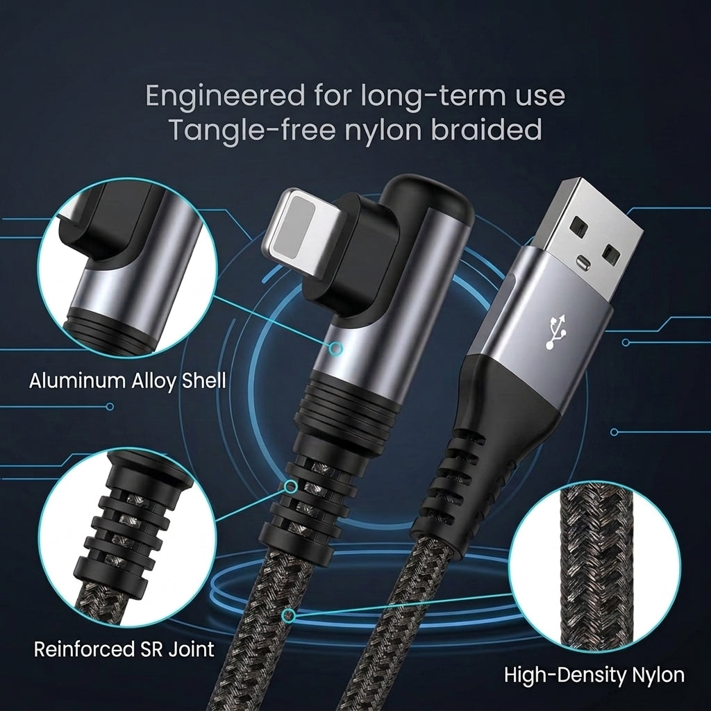 Verilux® 6.6FT Right Angle USB-A to Lightning Cable