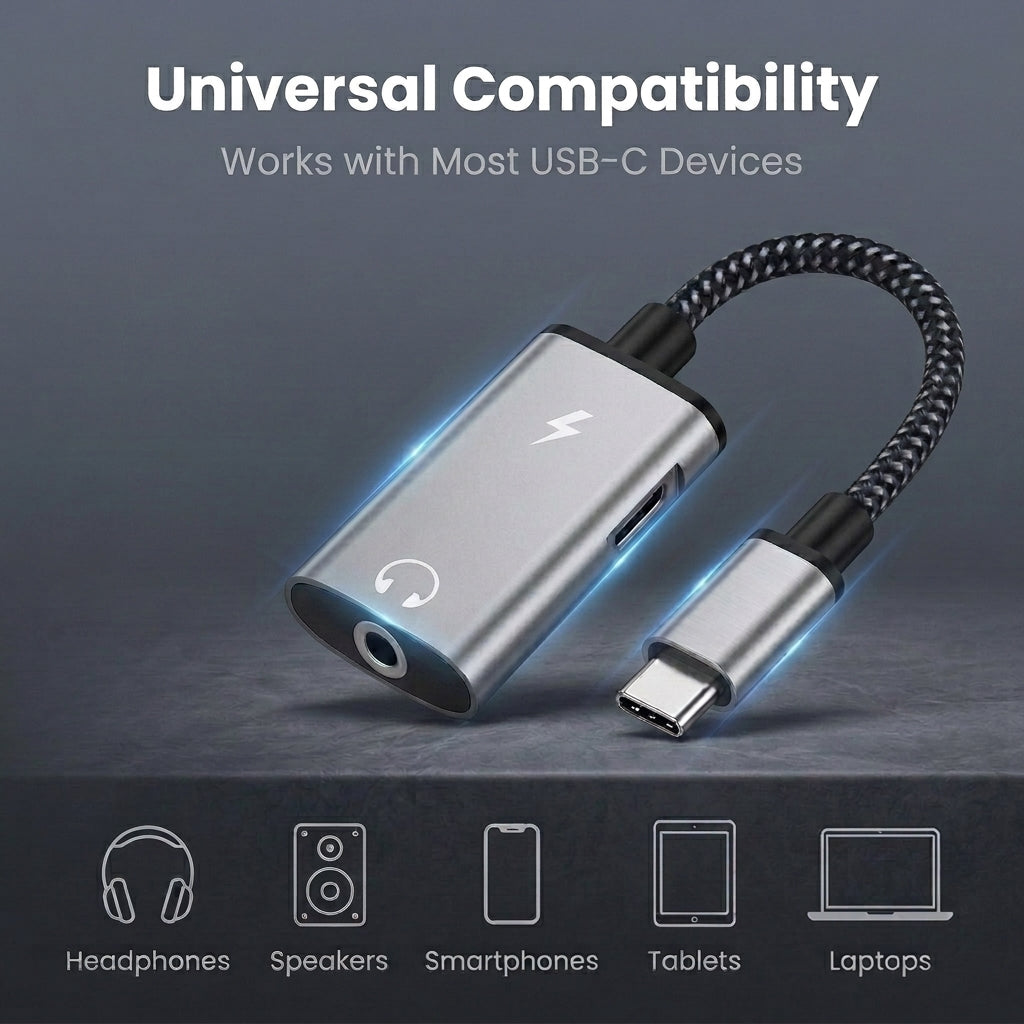 Verilux® USB-C to USB-C & 3.5mm Audio Adapter with PD 15W Fast Charge