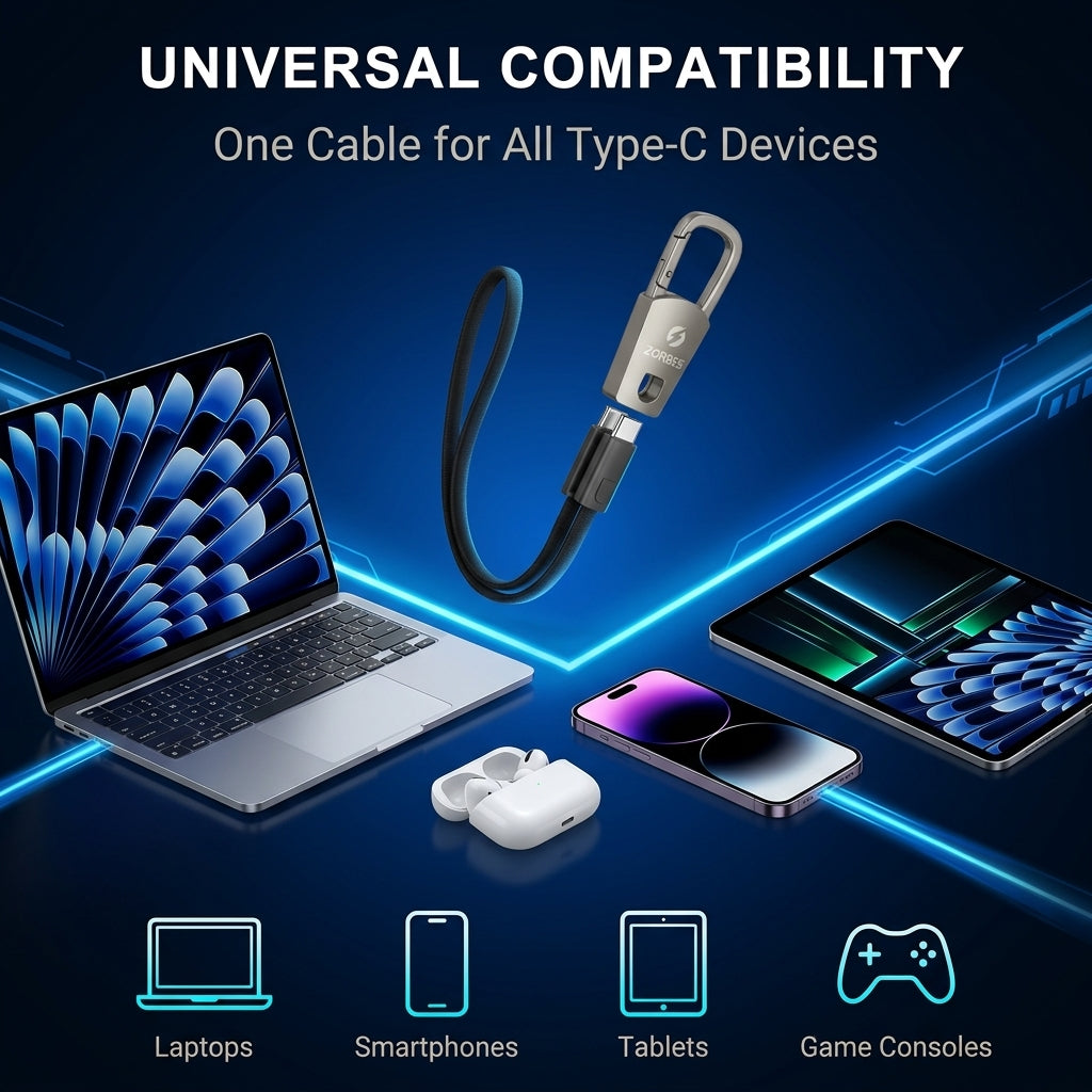 ZORBES® PD 60W Type C Fast Charging Short Cable with Keychain