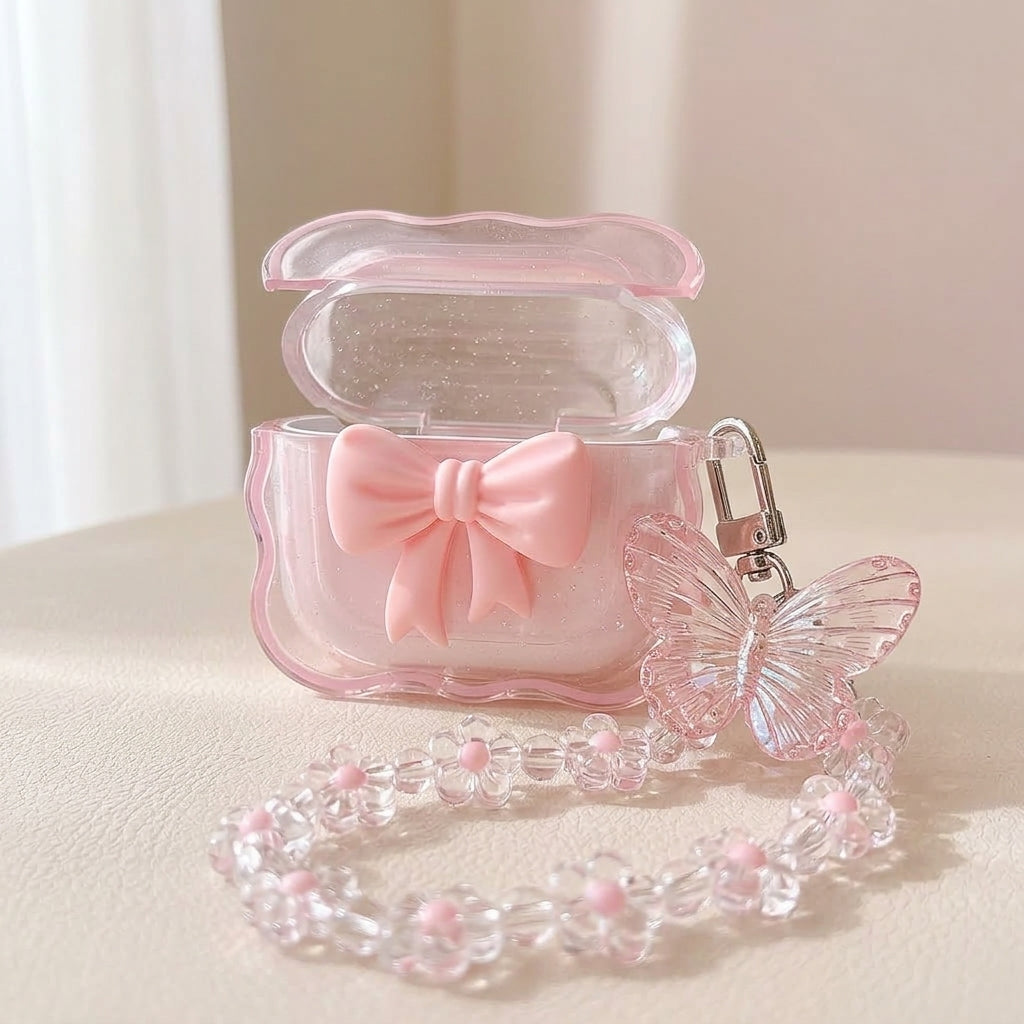 ZORBES® Pink Bow Silicone Case for AirPods 4 with Floral Chain