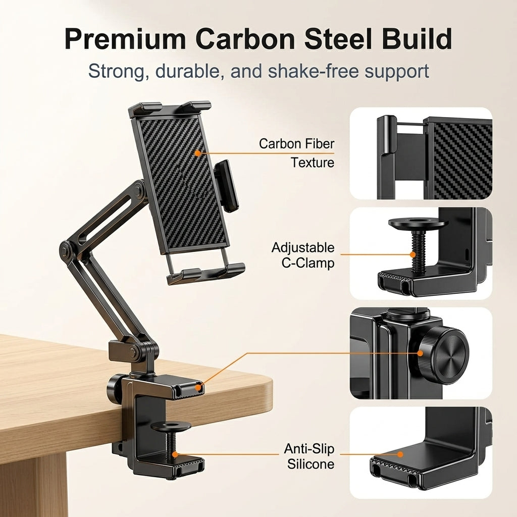 ZORBES® Carbon Steel Adjustable Desk Mount Tablet & Phone Holder