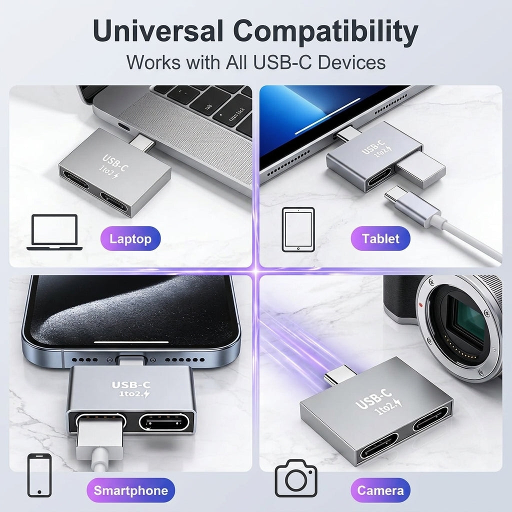 ZORBES® USB C Dual Port Adapter Type C 1 to 2 Splitter Converter