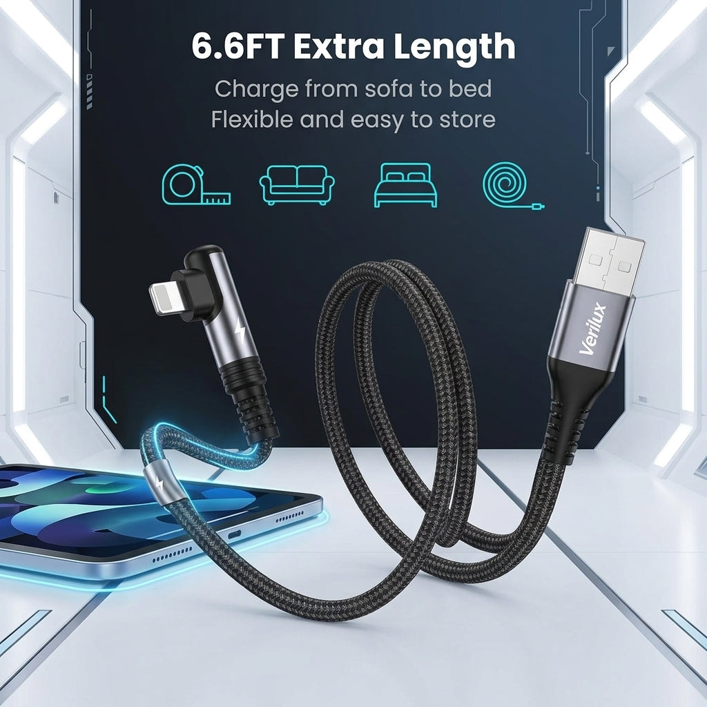 Verilux® 6.6FT Right Angle USB-A to Lightning Cable