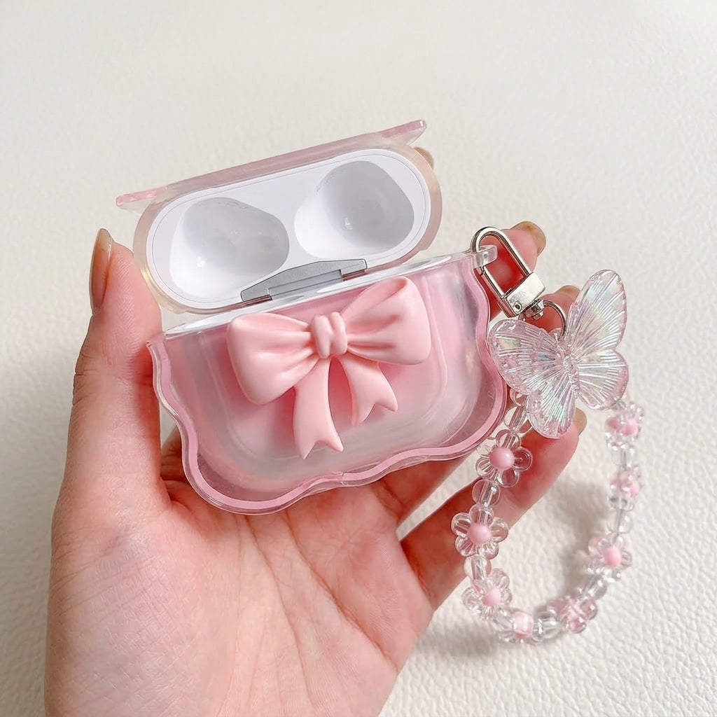 ZORBES® Pink Bow Silicone Case for AirPods 4 with Floral Chain