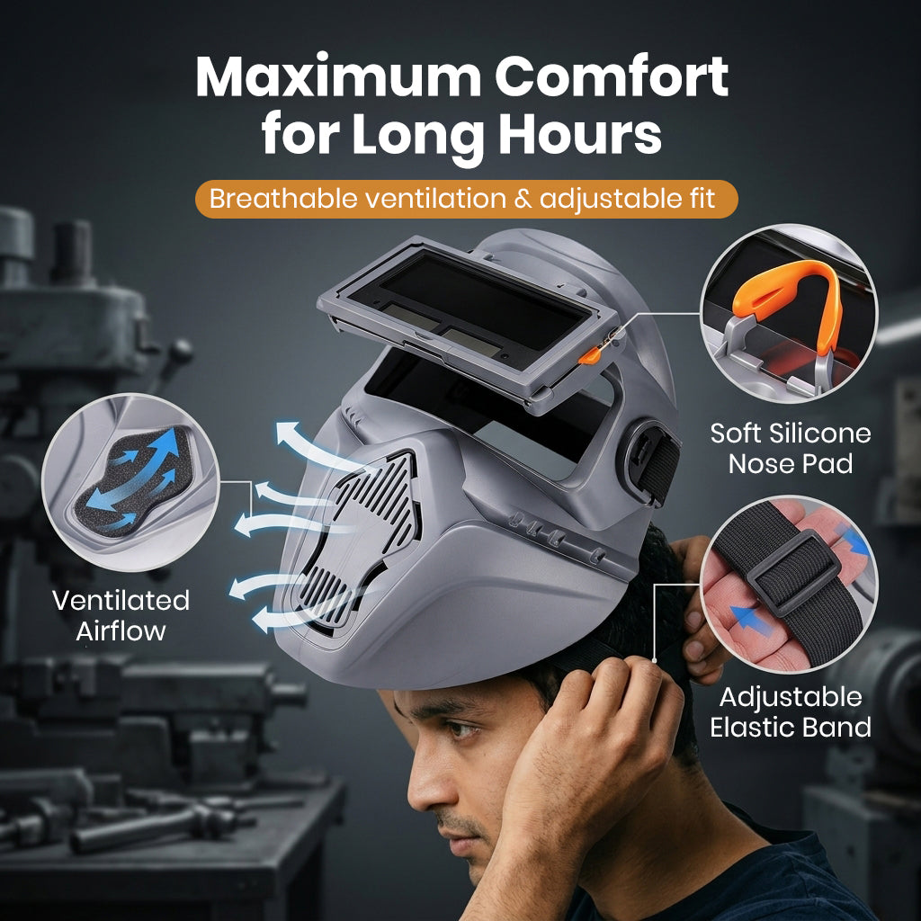 Serplex® Auto Darkening Welding Helmet with Flip-Up Design, Ventilated Full Face Protective Welding Mask with UV/IR Protection + 10 Replacement Lenses for MIG, TIG, Arc Welding & Metal Cutting