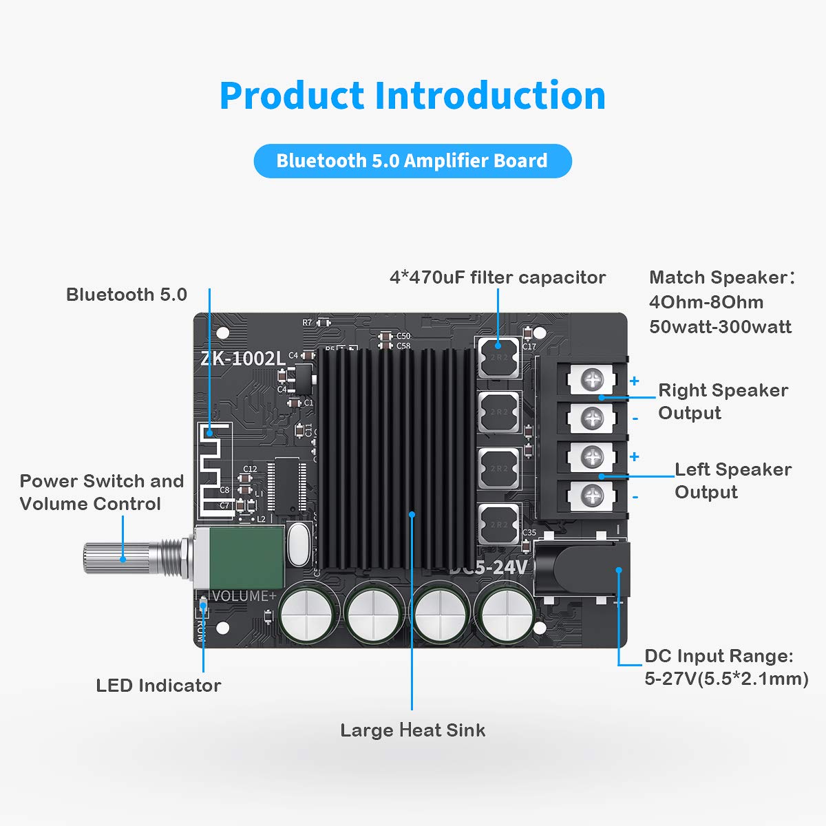 ZORBES® Bluetooth Audio A-mplifier Module, 100W+100W Peak Output Power, 2.0 Channel DC: 8-24V, Password Free Connect, BT 5.0 AMP Board for DIY Wireless Speakers Board