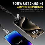 Verilux® 4 in1 Type C Cable with Spring, PD65W C Type Cable Fast Charging, 480Mbps Data Transfer USB to Type C Cable, Multi Adjustable Cable with Type C/USB A/Light-ning Port for iPhone 16/15, Black