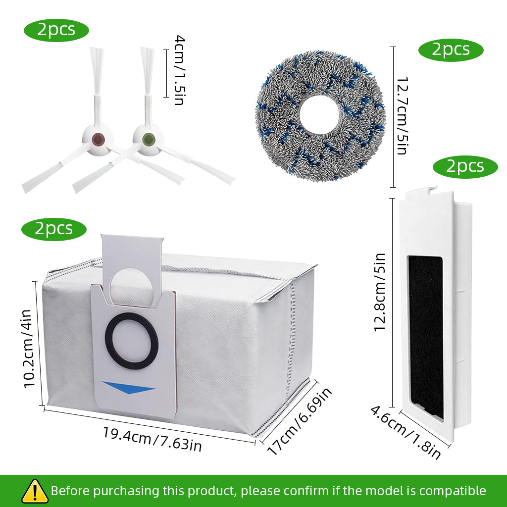 Verilux® 10Pcs Replacement Accessories for Ecovacs Deebot T20 Omni/PRO/MAX Robot Vacuum Accessorise Kit, 4 Side Brushes, 2 Mop Cloth, 2 Dust Collection Bags, 2 Filters