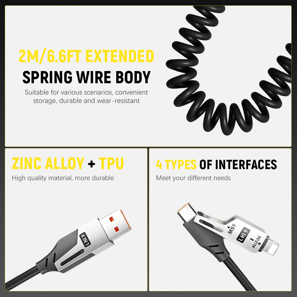 Verilux® 4 in1 Type C Cable with Spring, PD65W C Type Cable Fast Charging, 480Mbps Data Transfer USB to Type C Cable, Multi Adjustable Cable with Type C/USB A/Light-ning Port for iPhone 16/15, Black