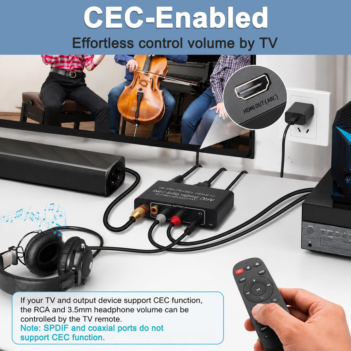 ZORBES HDMI ARC Audio Extractor 192kHz DAC, RCA 3.5mm Optical Coaxial Output – USB Powered for TV