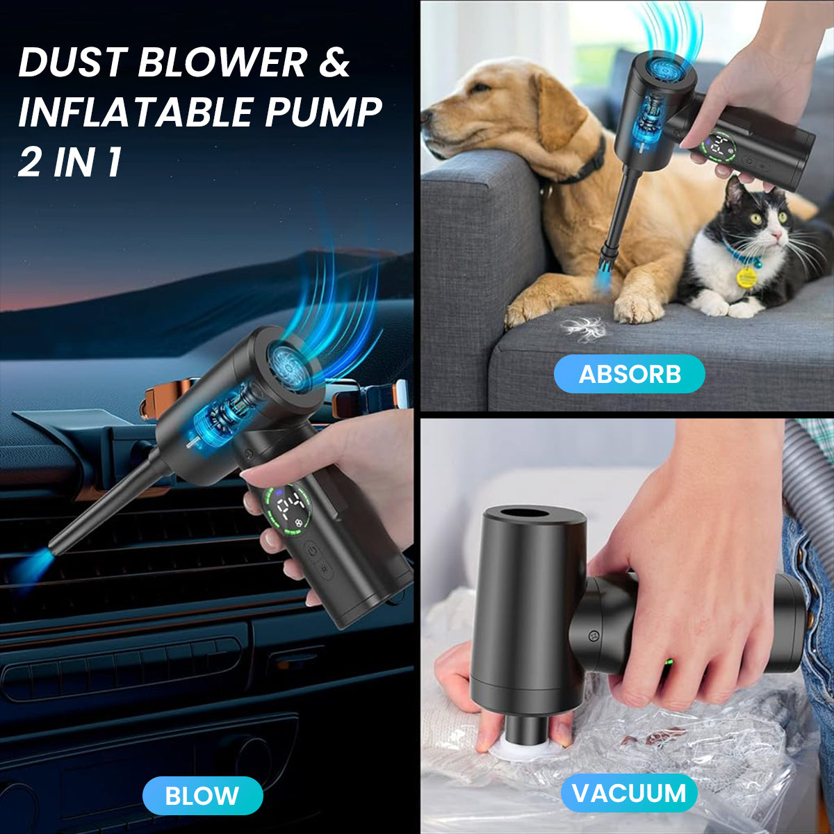 ZORBES® Electric Dust Blower, Wireless Air Duster Car Vacuum Cleaner, 2 in 1 Electric Air Blower with LCD Digital Display, 120W USB Cordless Air Blower with LED and Interchangeable Nozzles for Home, Computer