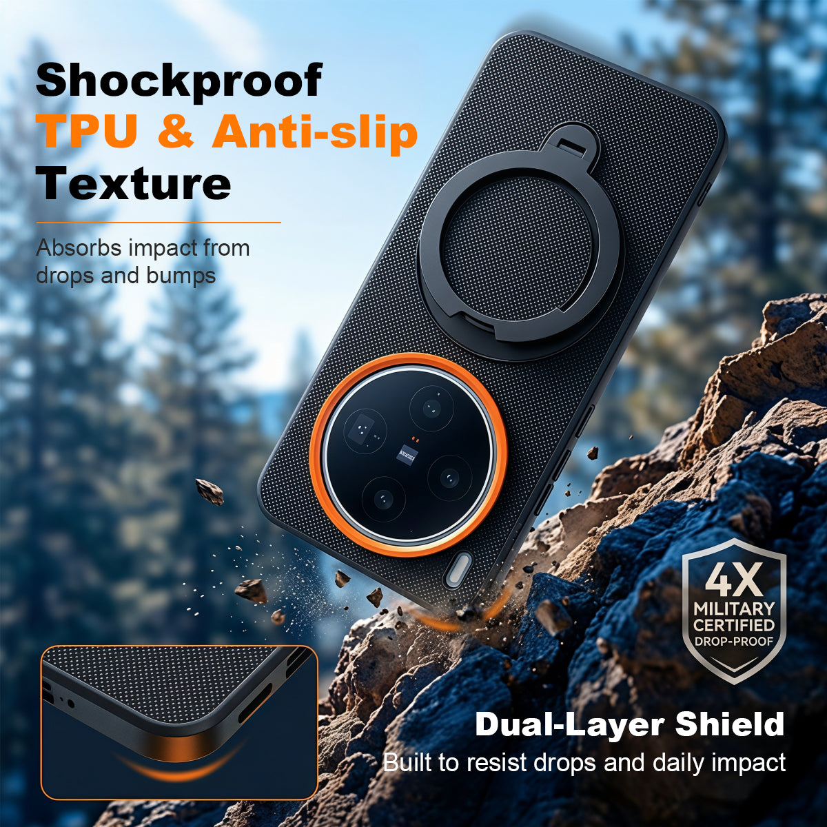ZORBES® Compatible with Vivo X300 Pro, Textured Anti-Slip TPU Phone Case with Metal Raised Camera Lens Protector & Foldable Metal Ring Grip Stand, Shockproof Cover with Built-in Desk Support