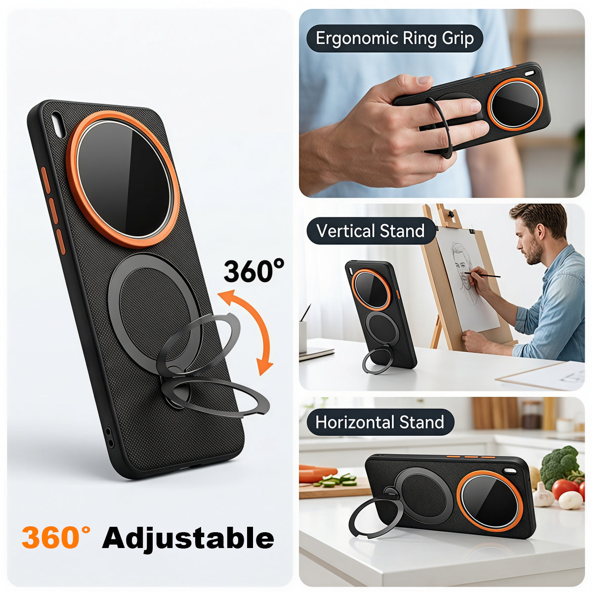 ZORBES® Compatible with Vivo X300 Pro, Textured Anti-Slip TPU Phone Case with Metal Raised Camera Lens Protector & Foldable Metal Ring Grip Stand, Shockproof Cover with Built-in Desk Support