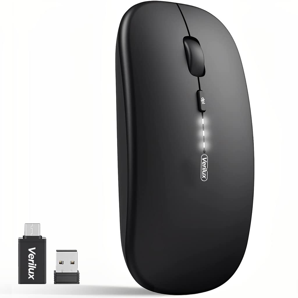 Verilux® Wireless Mouse Upgrade Three Modes 2.4G & Bluetooth 3.0 & Bluetooth 5.1 Wireless Fashion Ultra Slim Silent Mouse Game Mouse with Adjustable DPI for iPad, Laptop, PC, Mac, Windows, Black - verilux