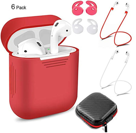 Verilux AirPods Case Silicone Protective Cover, Receiving Box, Anti Lost Strap, Ear Cover Hooks Airpods Accessories Kits,Red(Set of 6)