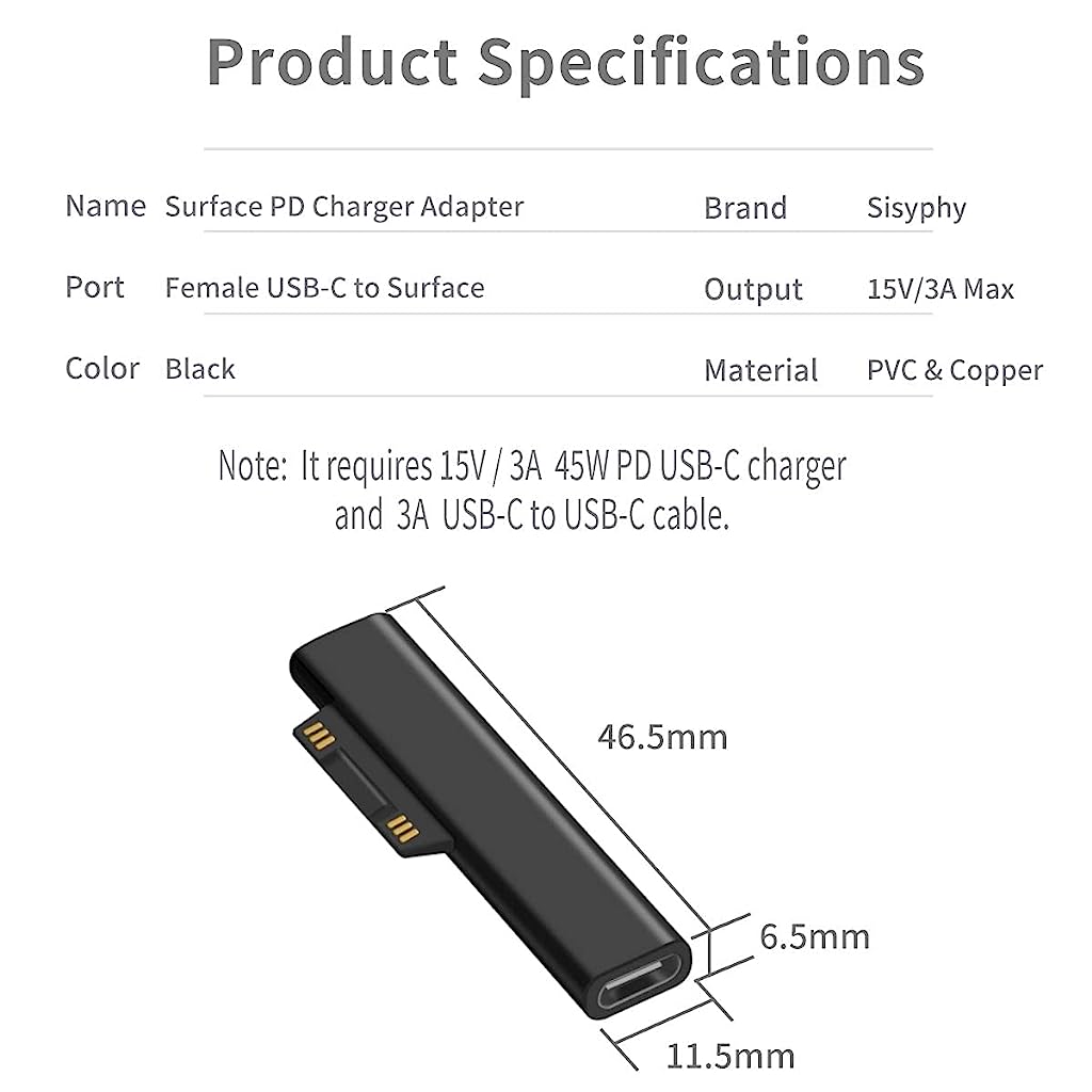 Verilux USB C to Surface Charging Connector, PD Adapter 45W Fast Charging Converter Compatible for Microsoft Surface Pro X/8/7/6/5/4/3 Go 1/2 Surface Laptop 4/3/2/1 (1 Pack, Connector Only) - verilux