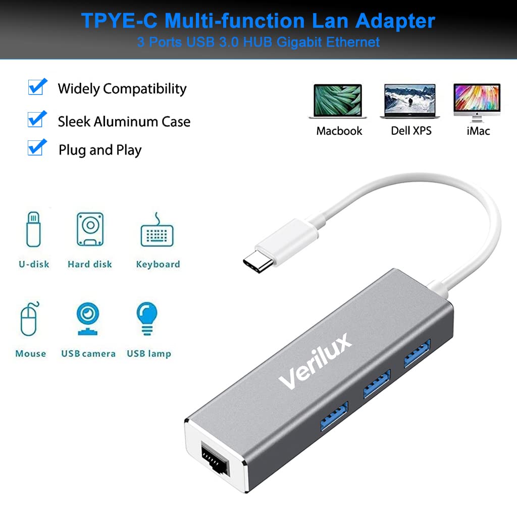 USB C HUB with 1000Mbps Ethernet and 3 USB 3.0 Ports