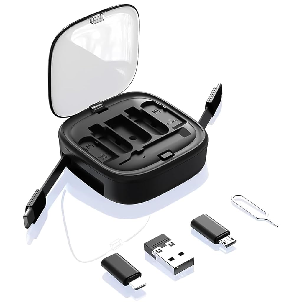 Verilux® 6 in 1 Fast Charging Cable with Storage Case, All in One Mobile Accessories with Card Slot & SIM Ejection Tool, 3.3Ft Retractable Type C Multi Charging Cable for iPhone, USB A/Type C Devices - verilux