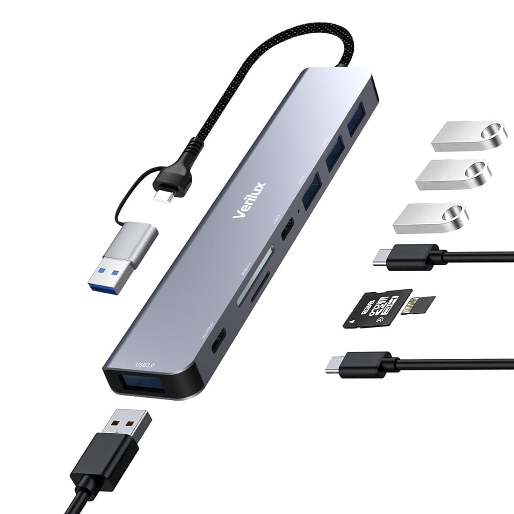 Verilux® USB HUB 3.0 for PC 8 in 1 USB C HUB for MacBook Pro Air with 2.0/3.0 USB Adapter Multiple Port, SD/TF Card Reader, PD 100W & Data Port USB Type C Hub for Laptop 20cm USB Hub Long Cable - verilux