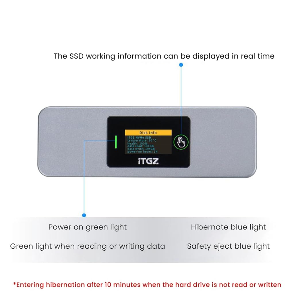 Verilux® Smart M.2 Enclosure with Touchscreen, USB 3.2 Gen 2 10Gbps, Only Compatible with 2280 NVMe/ PCIe and NGFF/SATA SSD, Support M-Key B+M Key, External Enclosure Support UASP Trim - verilux