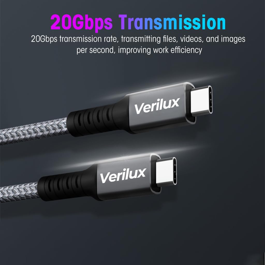 Verilux® Type C to Type C Fast Charging Cable Adapter Support 240W PD Fast Charging, 4.9Ft Max 20Gbps Data Transfer, 4K@60Hz Display Male to Male USB C Adapter for Thunderbolt 4/3, Laptop, Phones - verilux