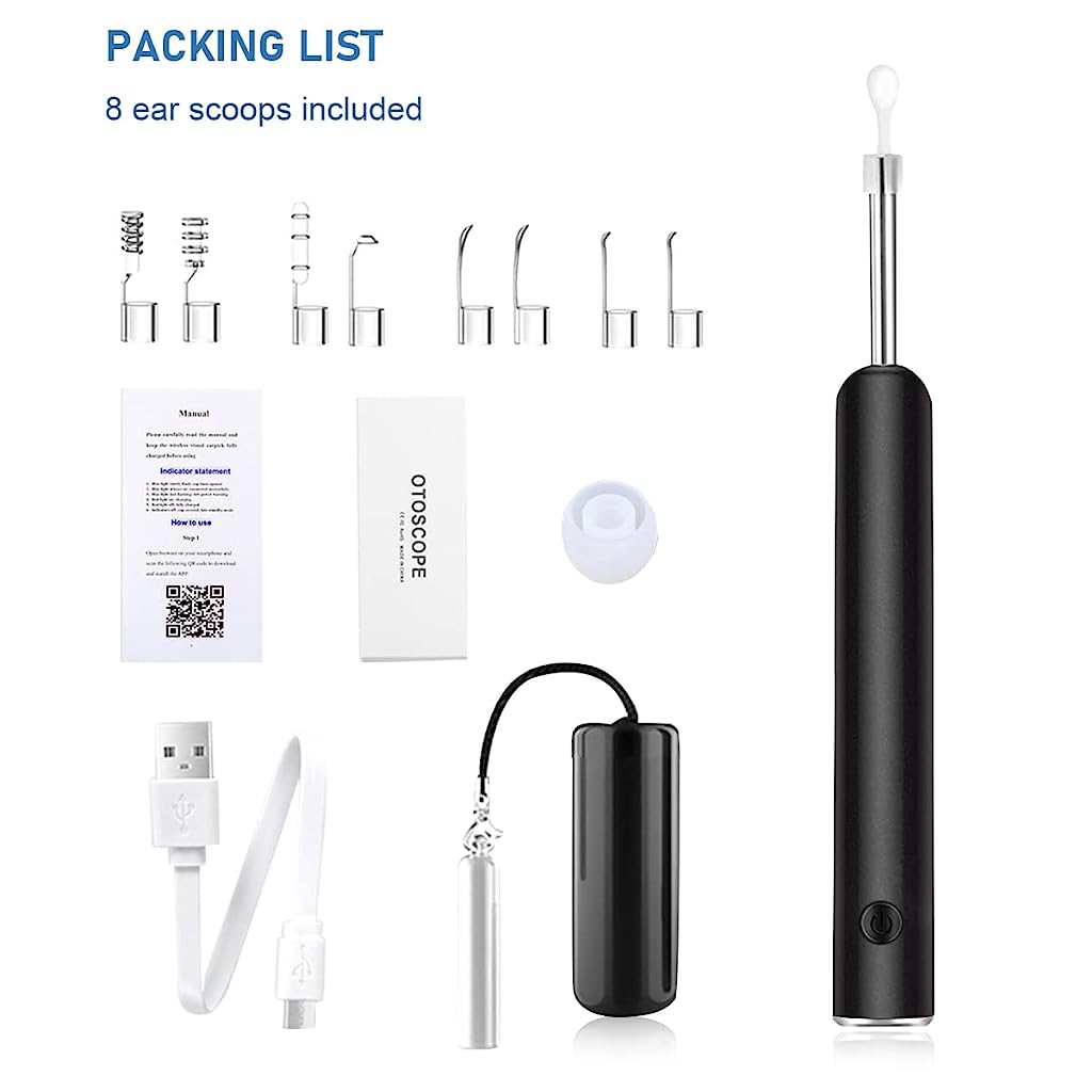 Verilux Ear Wax Remover Tool Kit Camera 9 Pcs Ear Cleaner Tool Wireless HD 1080P 3.9mm Ear Wax Cleaner Machine with 6 Led Light 330 mAh (Black) - verilux
