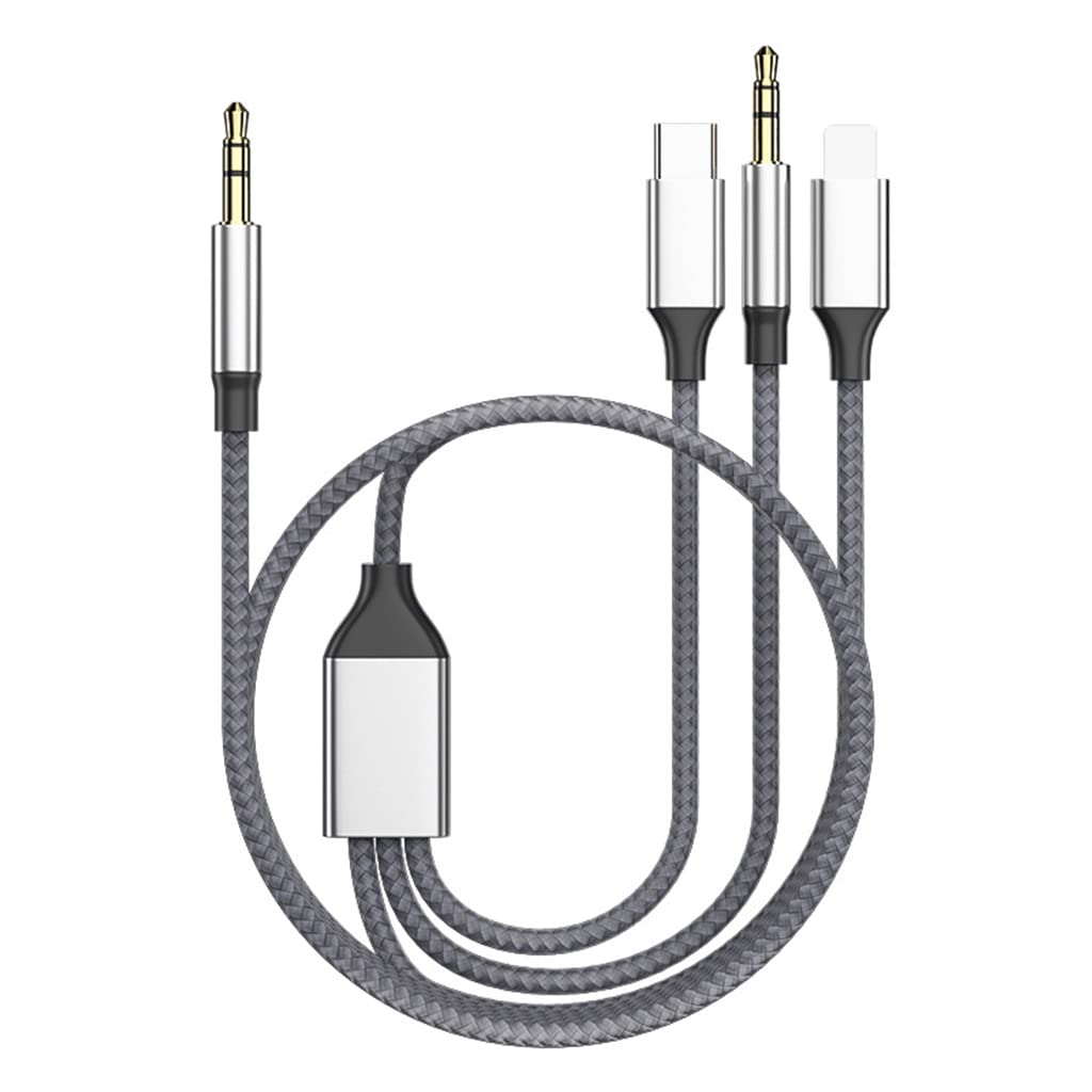 Verilux® 3 in 1 Car AUX Cable 3.5mm to 3.5mm AUX Cable L-ightning/Type C to 3.5mm AUX Cable Universal HiFi Audio Cable for iPhone, Tablet, Car Stereo(Grey) - verilux