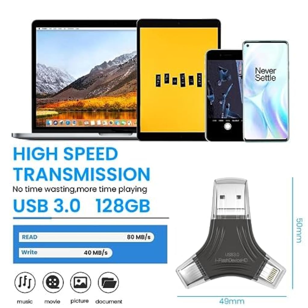 Verilux® 128GB USB Flash Drive for iPhone 4 in 1 Flash Drive with USB3.0/Micro/Type-c USB Memory Stick Thumb Drives High Speed USB Stick External Storage Compatible with iPhone/iPad/Android/PC