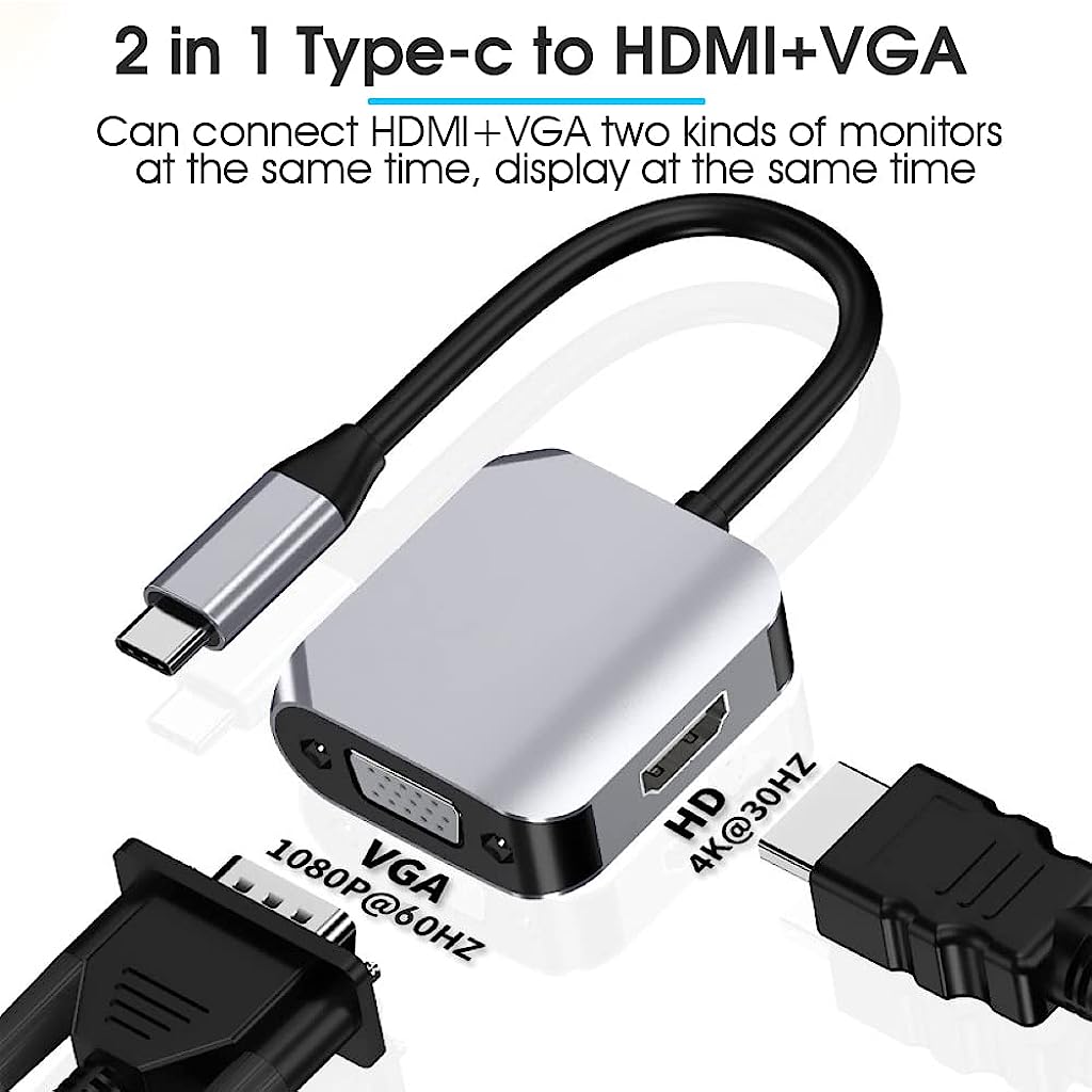 Verilux USB C to HDMI VGA Adapter, 2-in-1 Type C to VGA (1080P) 4K@30Hz HDMI Adapter, Thunderbolt 3 Compatible for MacBook Pro/Air,Dell XPS, Chromebook Pixel, Galaxy S20/S19/S9, Surface Go and More